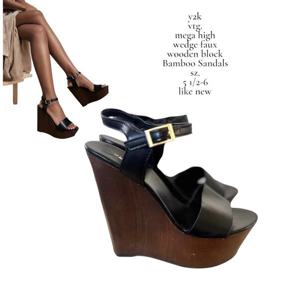 y2k vtg. mega high faux wood‎ chunky bamboo wedge sandals size 5.5-6 like new - Picture 1 of 8